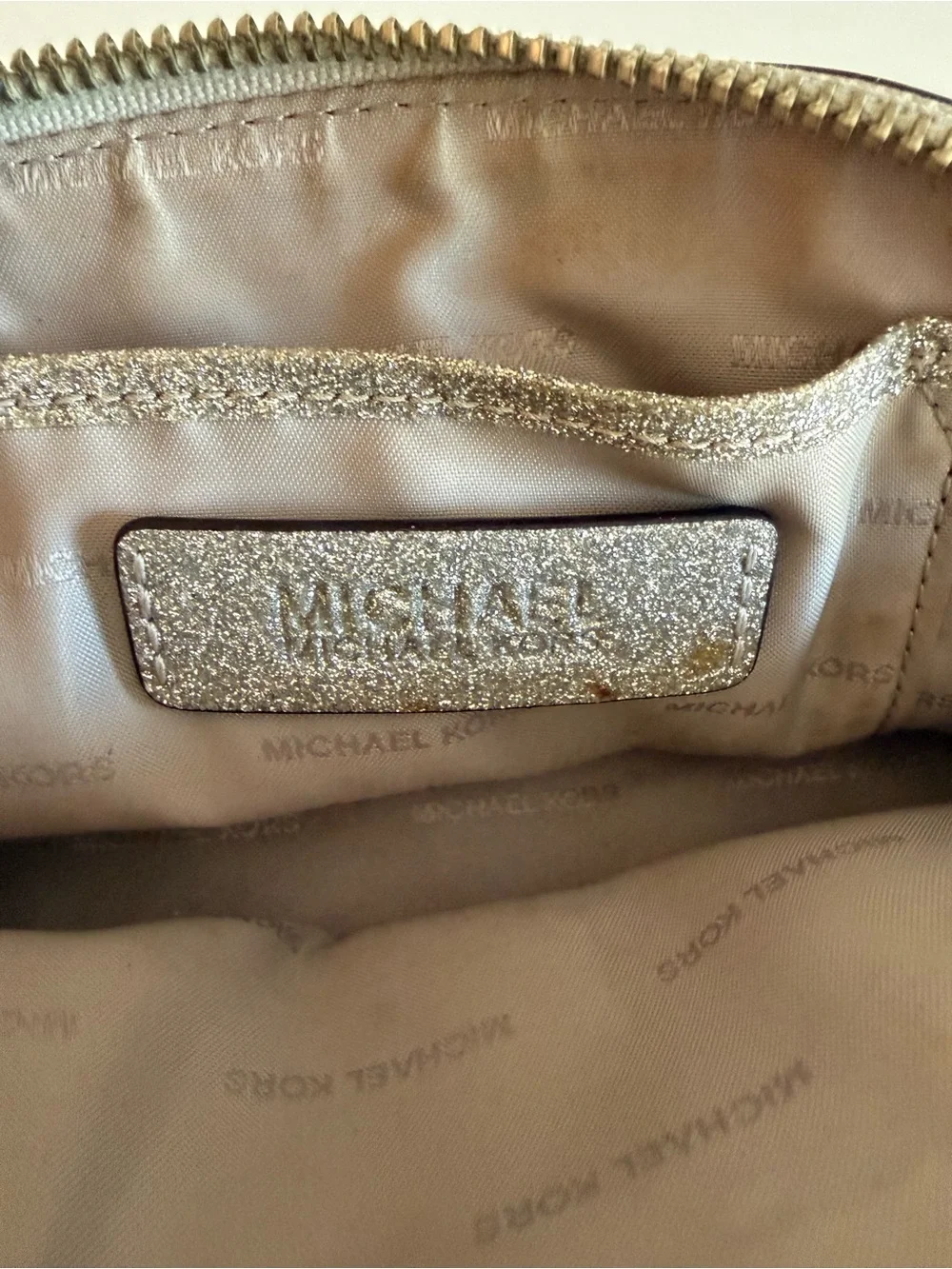 Michael Kors Silver Glitter Cosmetic Makeup Bag Travel Toiletry Zip Pouch Case